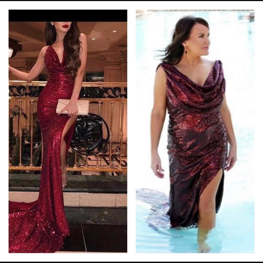Beautiful fully sequined gown. High slit.  Drape back